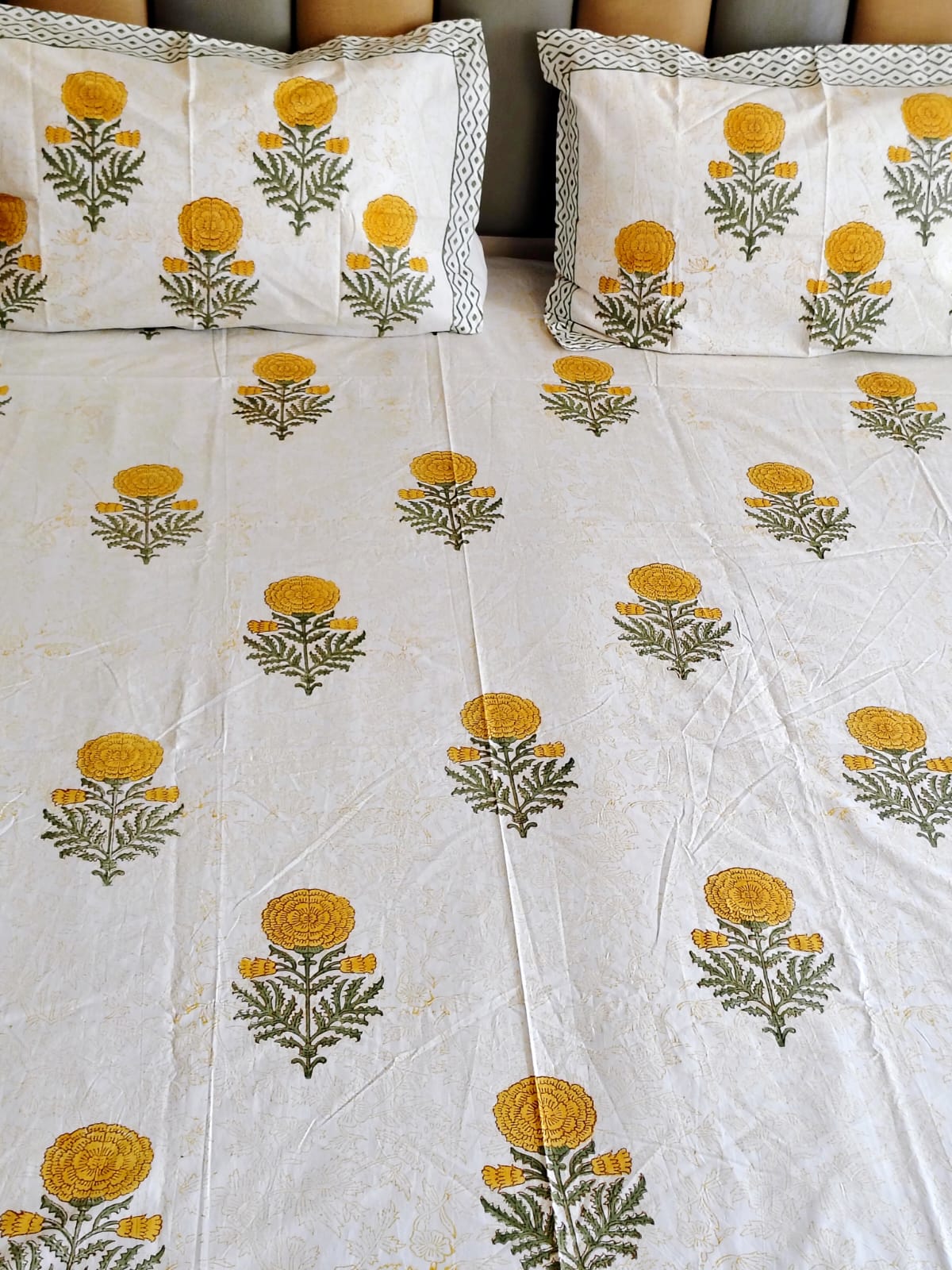 Yellow Genda Block Printed Bedsheet with Two Reversible Pillow Covers