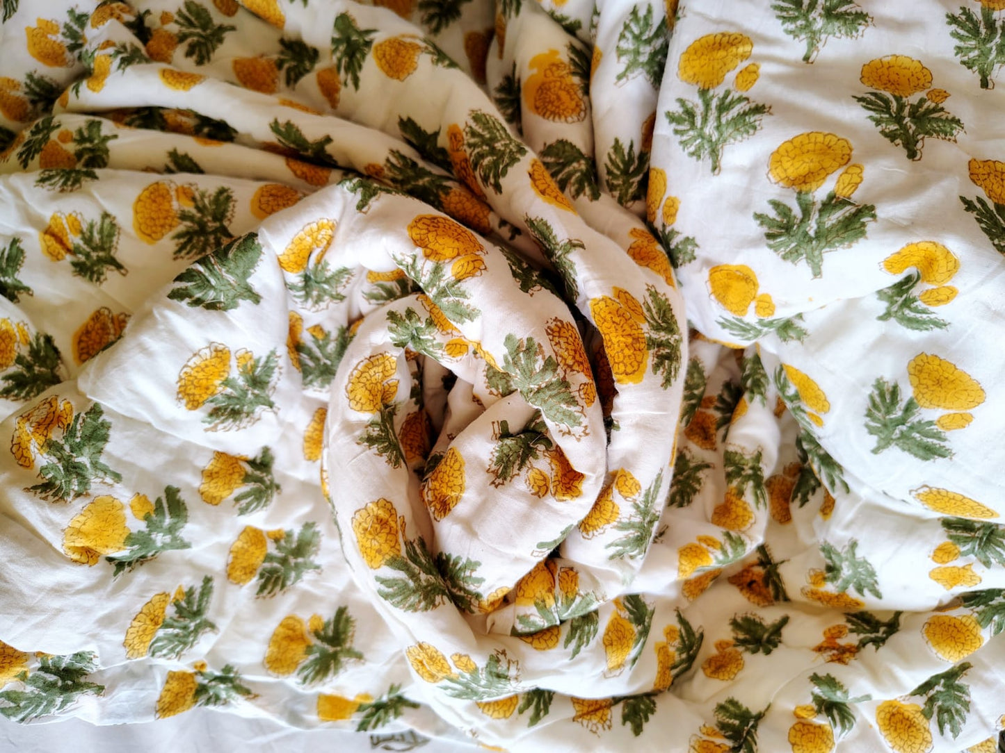 Yellow Genda Hand Block Reversible Double Bed Quilt