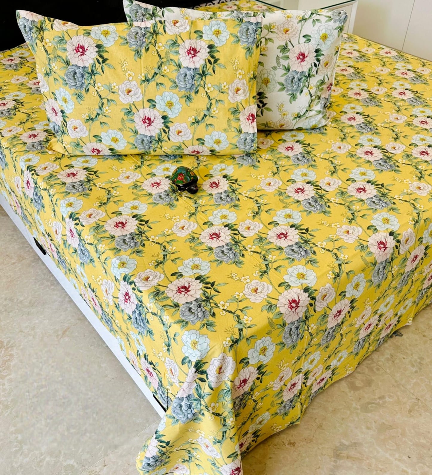 Yellow Floral Traditional Printed Bedsheet with Two Reversible Pillow Covers