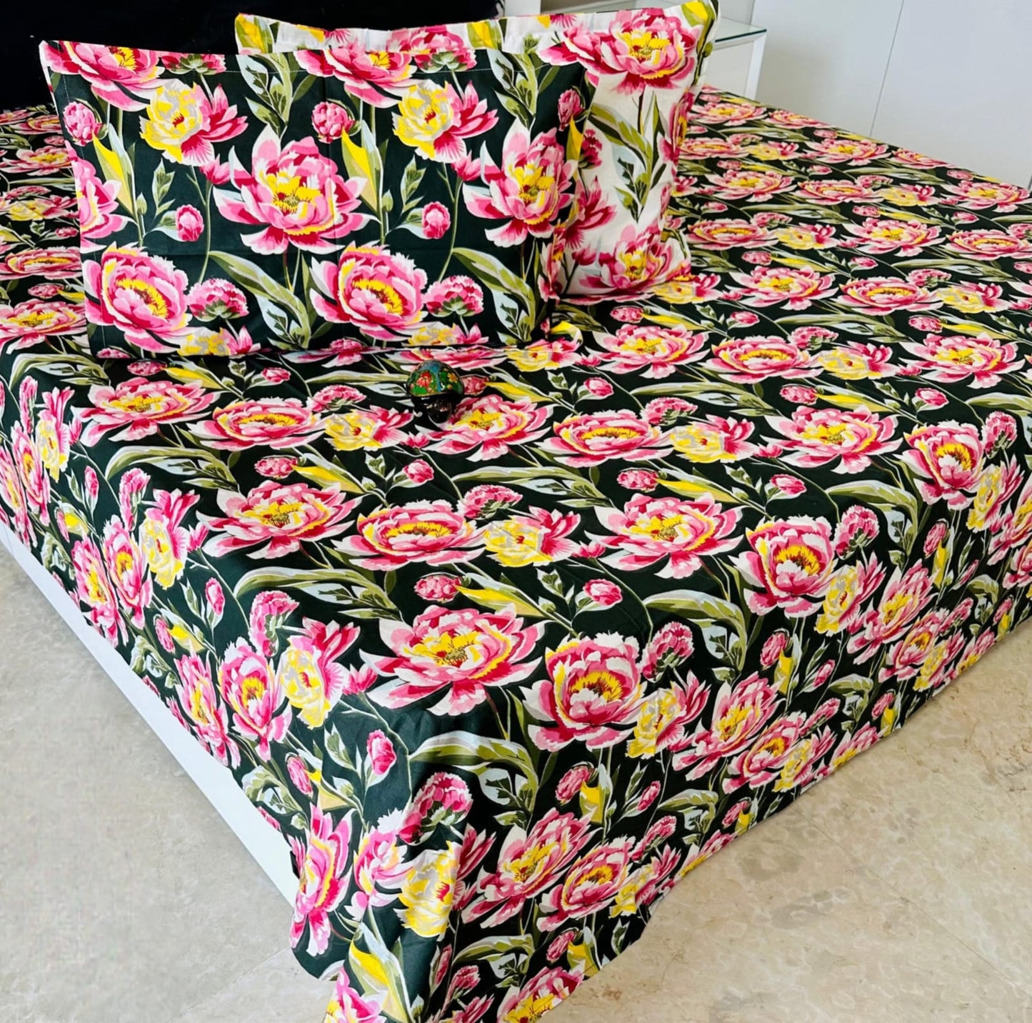 Black Gulabo Traditional Printed Bedsheet with Two Reversible Pillow Covers