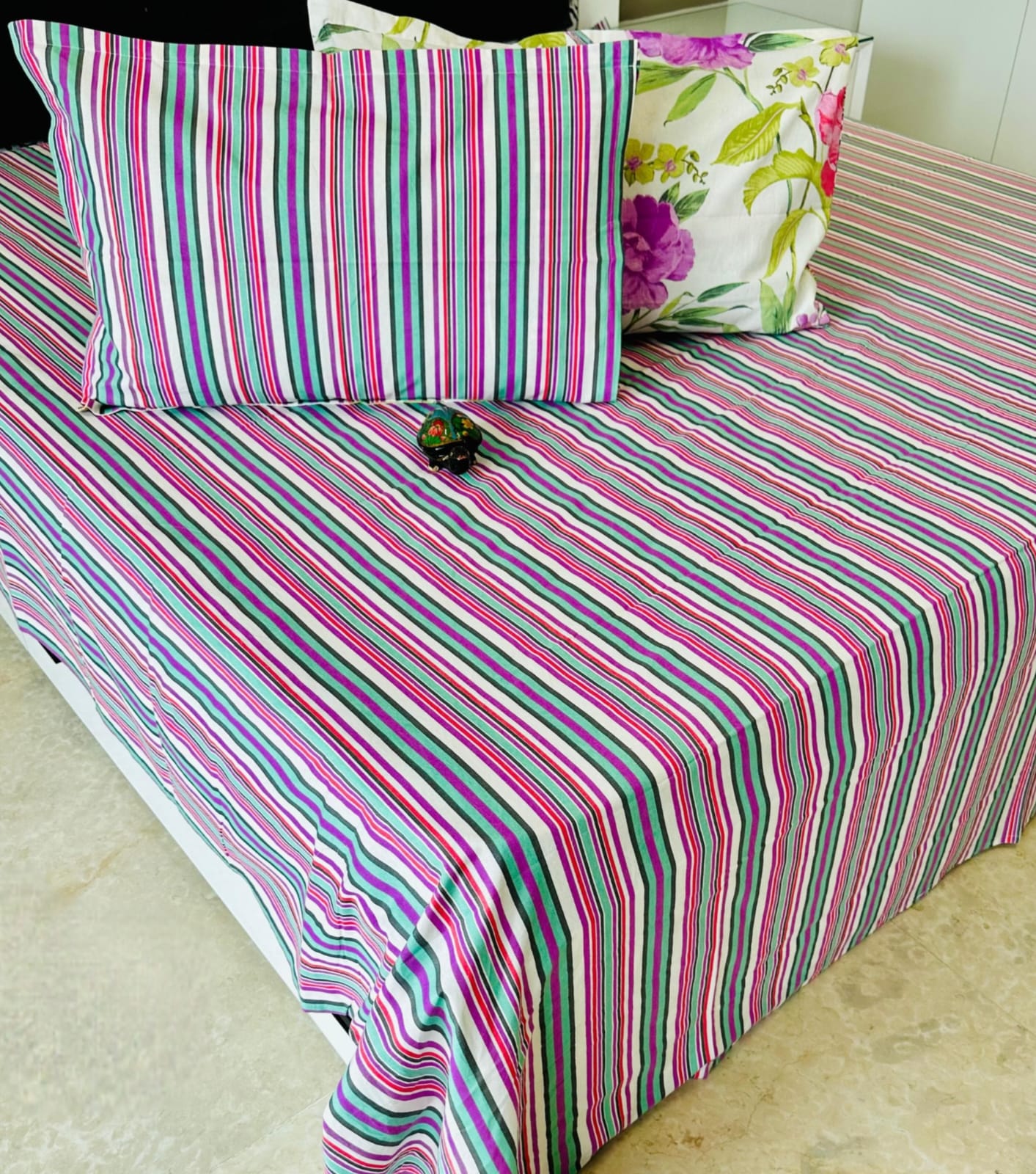 Pink Stripes Traditional Printed Bedsheet with Two Reversible Pillow Covers