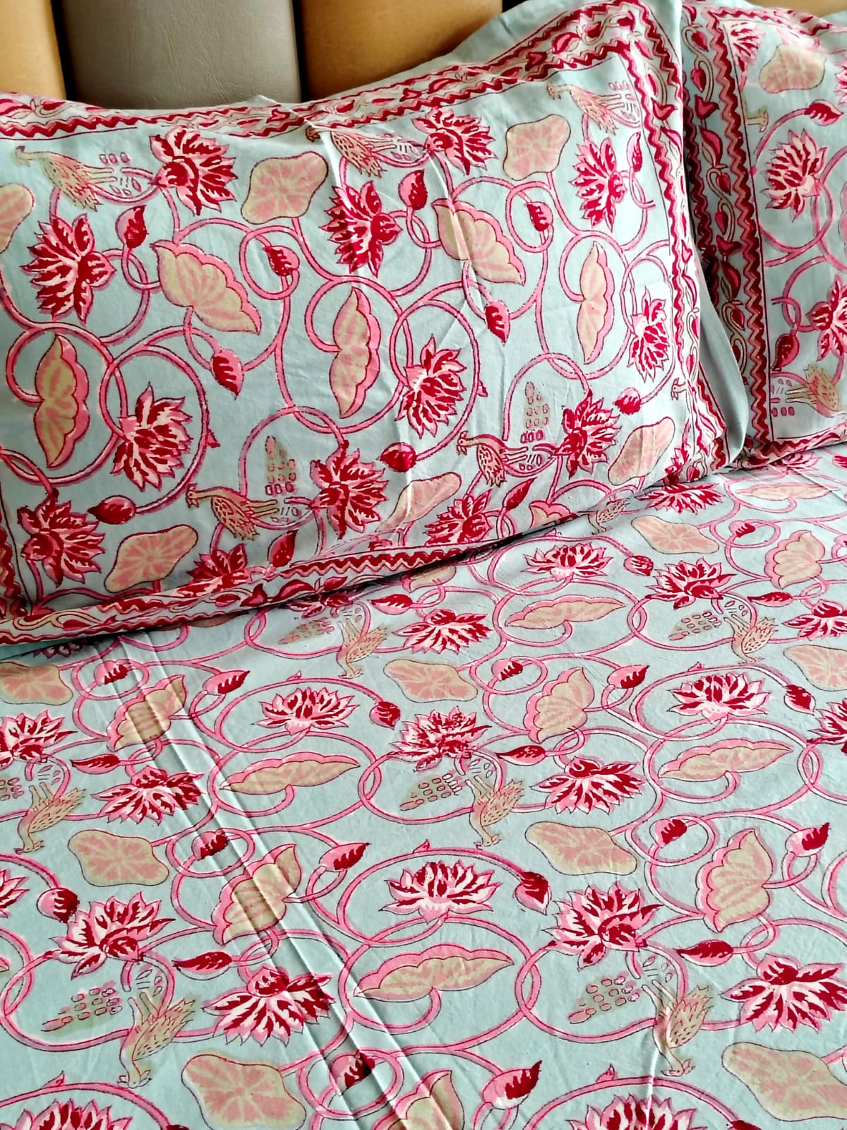 Blue Lotus Block Printed Bedsheet with Two Reversible Pillow Covers - Bichhavans