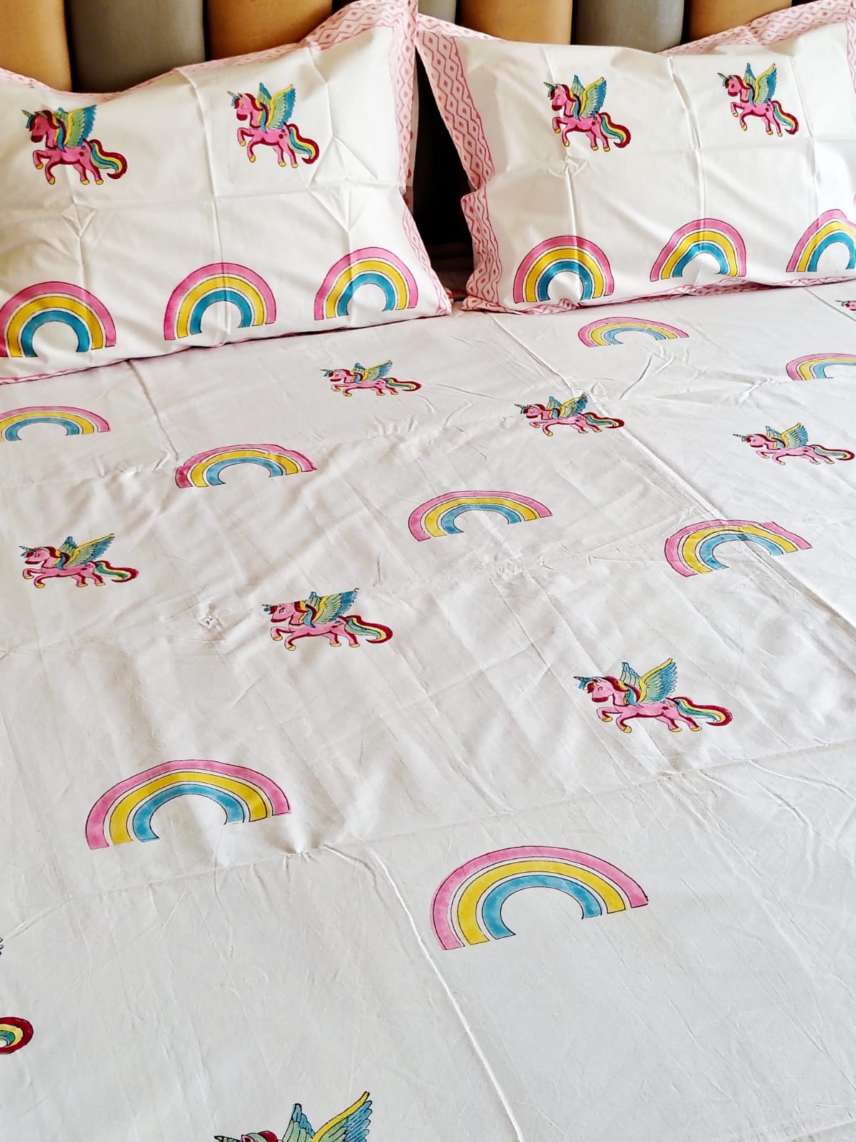 Unicorn Block Printed Bedsheet with Two Reversible Pillow Covers - Bichhavans