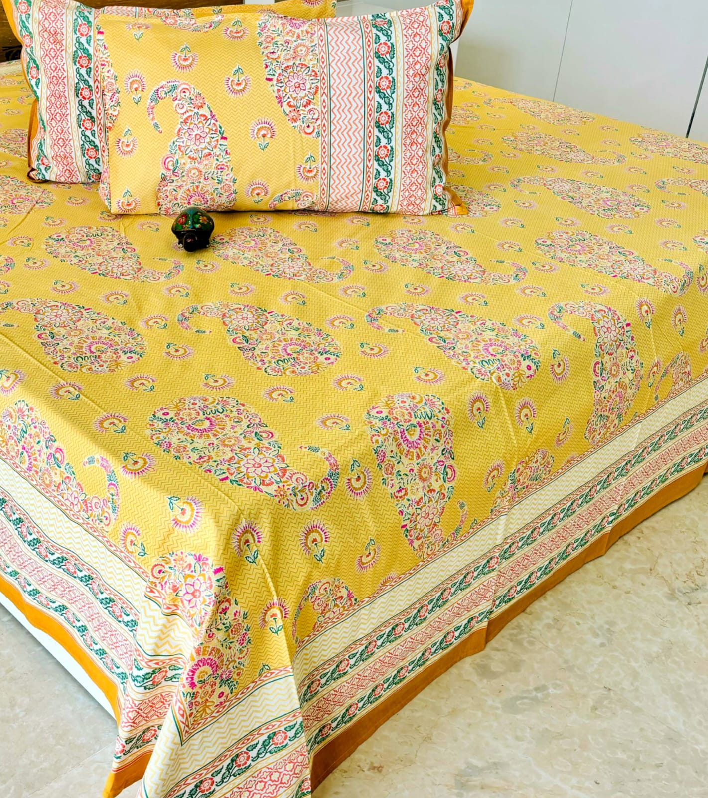 Yellow Block Traditional Printed Bedsheet with Two Reversible Pillow Covers