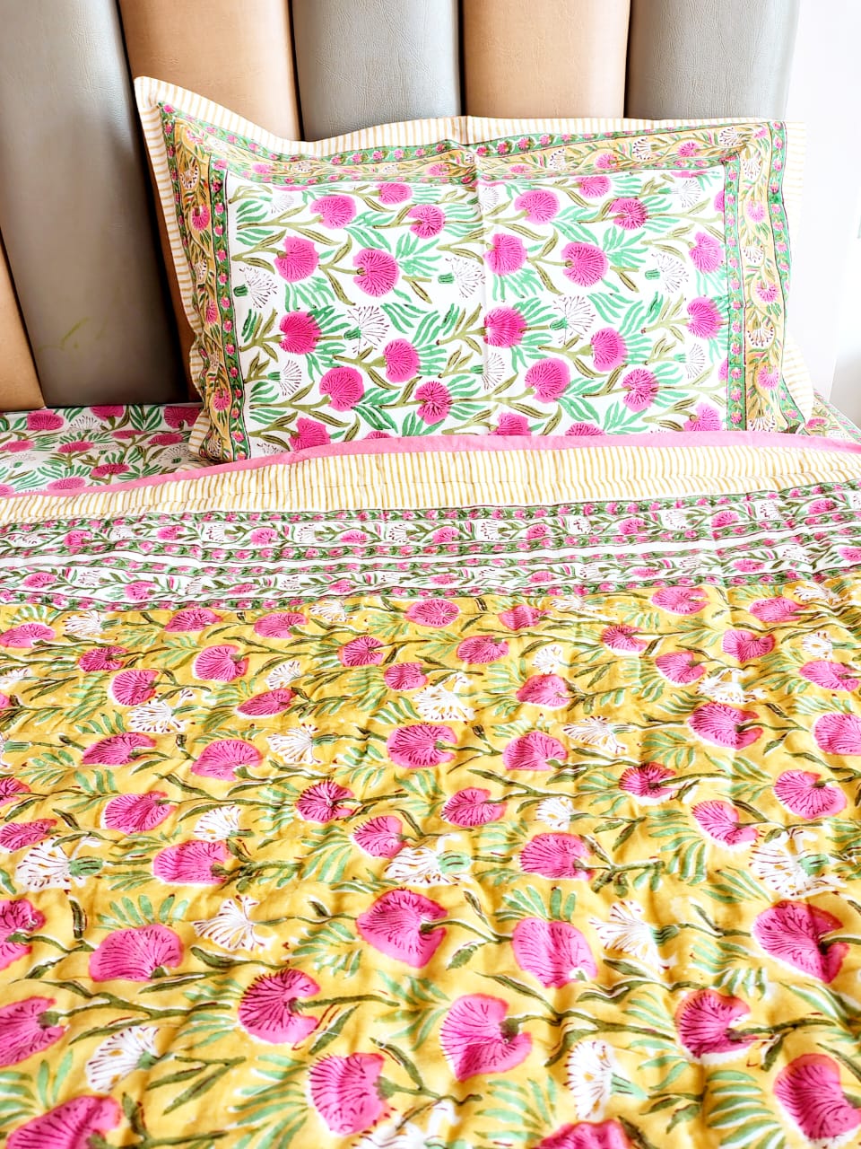Pink Blossom Block Print Bedsheet & Quilt Set