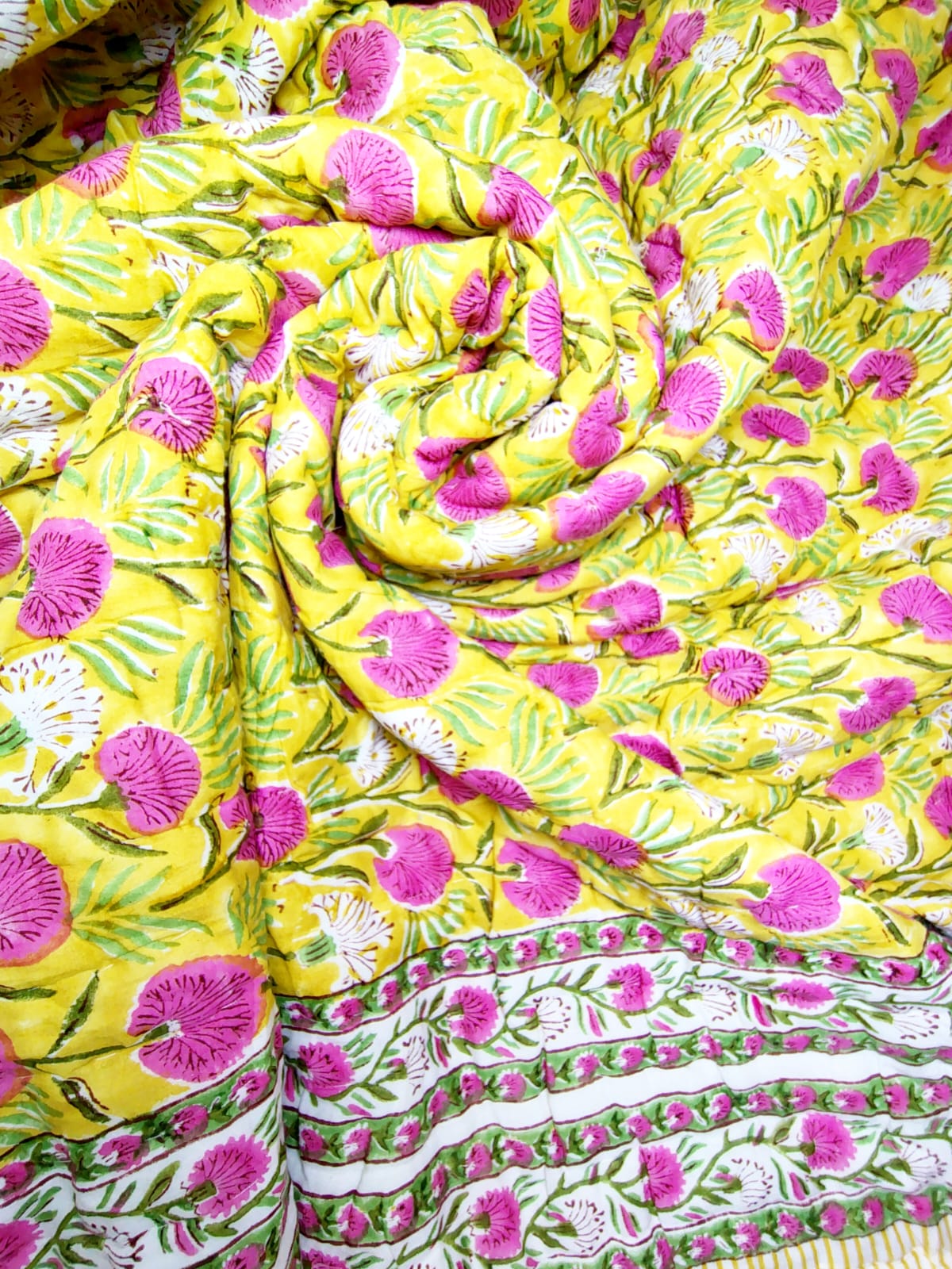 Pink Blossom Block Print Bedsheet & Quilt Set