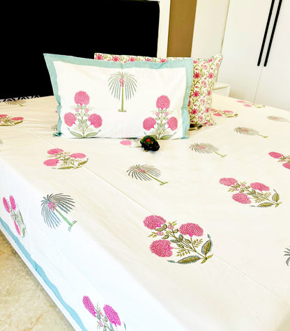 Pink Coco Traditional Printed Bedsheet with Two Reversible Pillow Covers