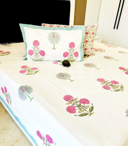 Pink Coco Traditional Printed Bedsheet with Two Reversible Pillow Covers