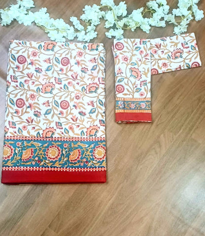 Begum White Floral Block Printed Bedsheet with Two Reversible Pillow Covers