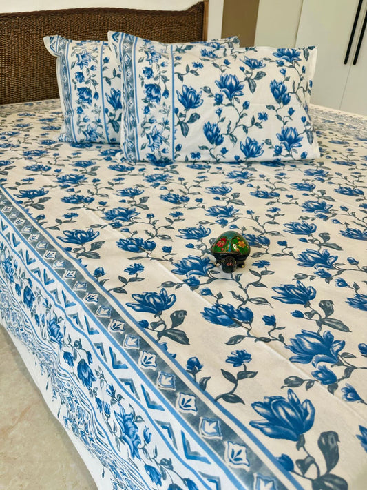 Blue Roses Traditional Printed Bedsheet with Two Reversible Pillow Covers