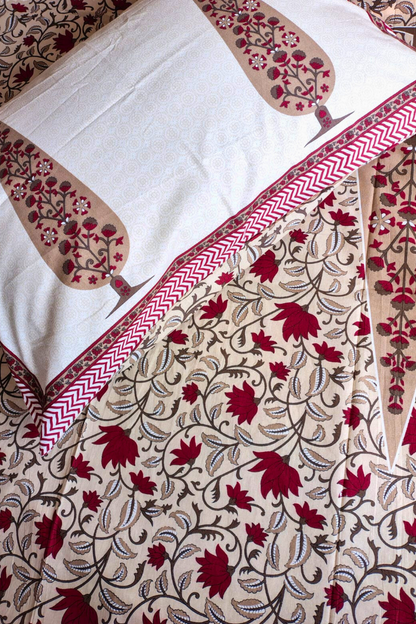 Red Kamal Jaal Traditional Printed Bedsheet with Two Reversible Pillow Covers