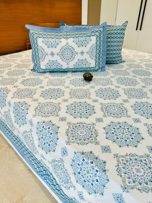 Blue Umbrella Traditional Printed Bedsheet with Two Reversible Pillow Covers