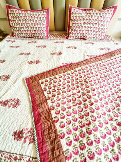 Red Floral Jaal Bedsheet and Bedcover Combo - 6 Piece Combo
