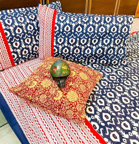 Blue Ikkat Traditional Printed Bedsheet with Two Reversible Pillow Covers