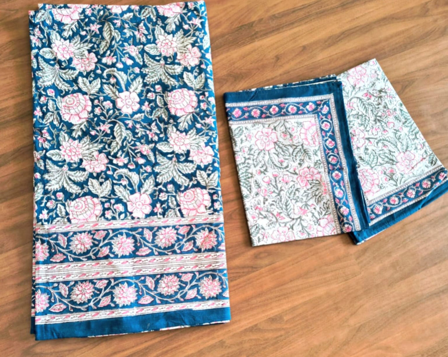 Pinky Pom Block Printed Bedsheet with Two Reversible Pillow Covers