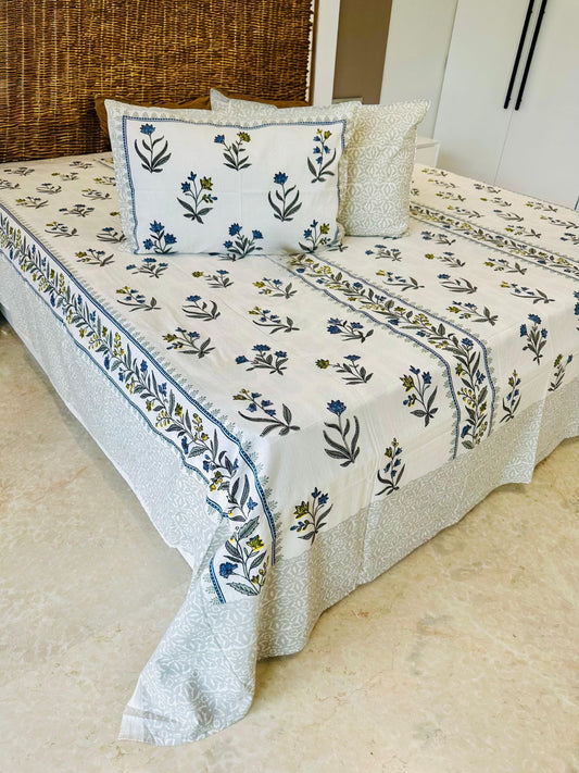 Blue Floral Traditional Printed Bedsheet with Two Reversible Pillow Covers