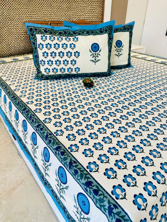 Blue Gold Traditional Printed Bedsheet with Two Reversible Pillow Covers