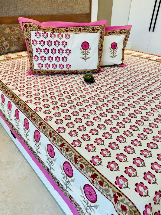 Pink Gold Traditional Printed Bedsheet with Two Reversible Pillow Covers