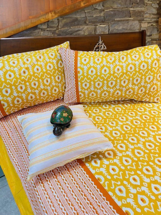 Blue Ikkat Traditional Printed Bedsheet with Two Reversible Pillow Covers