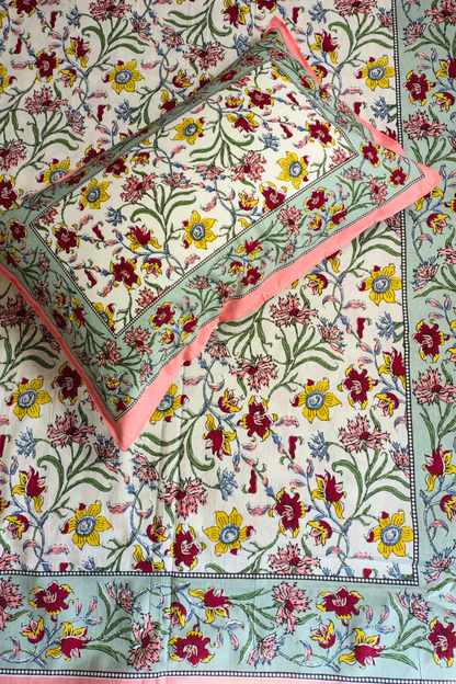 Colorful Floral Traditional Printed Bedsheet with Two Reversible Pillow Covers