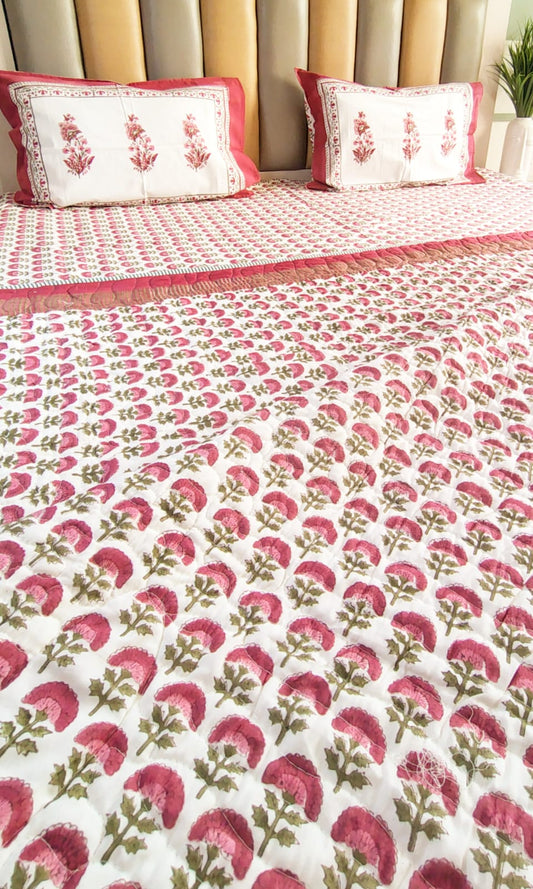 Red Floral Jaal Bedsheet and Bedcover Combo - 6 Piece Combo