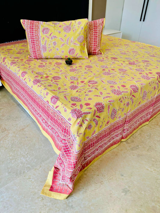 Pink Floral Traditional Printed Bedsheet with Two Reversible Pillow Covers