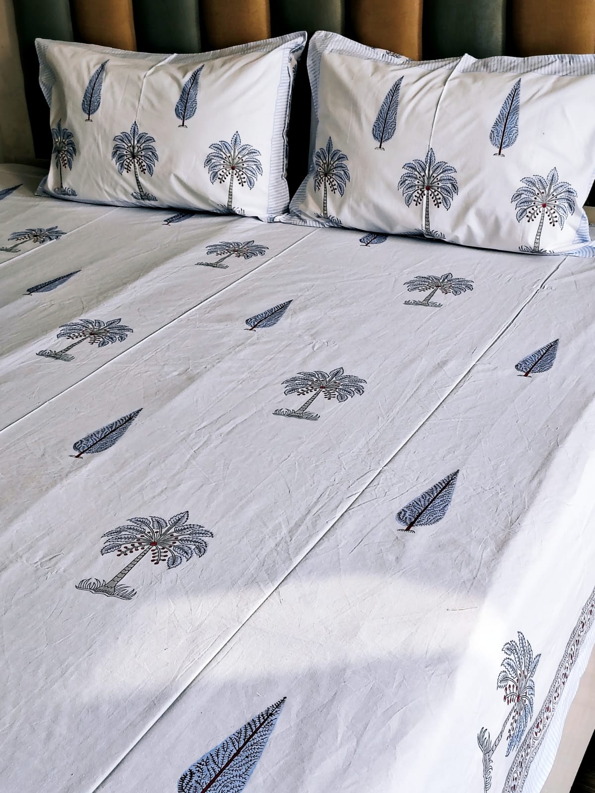 Blue Palm Tree Block Printed Bedsheet with Two Reversible Pillow Covers - Bichhavans