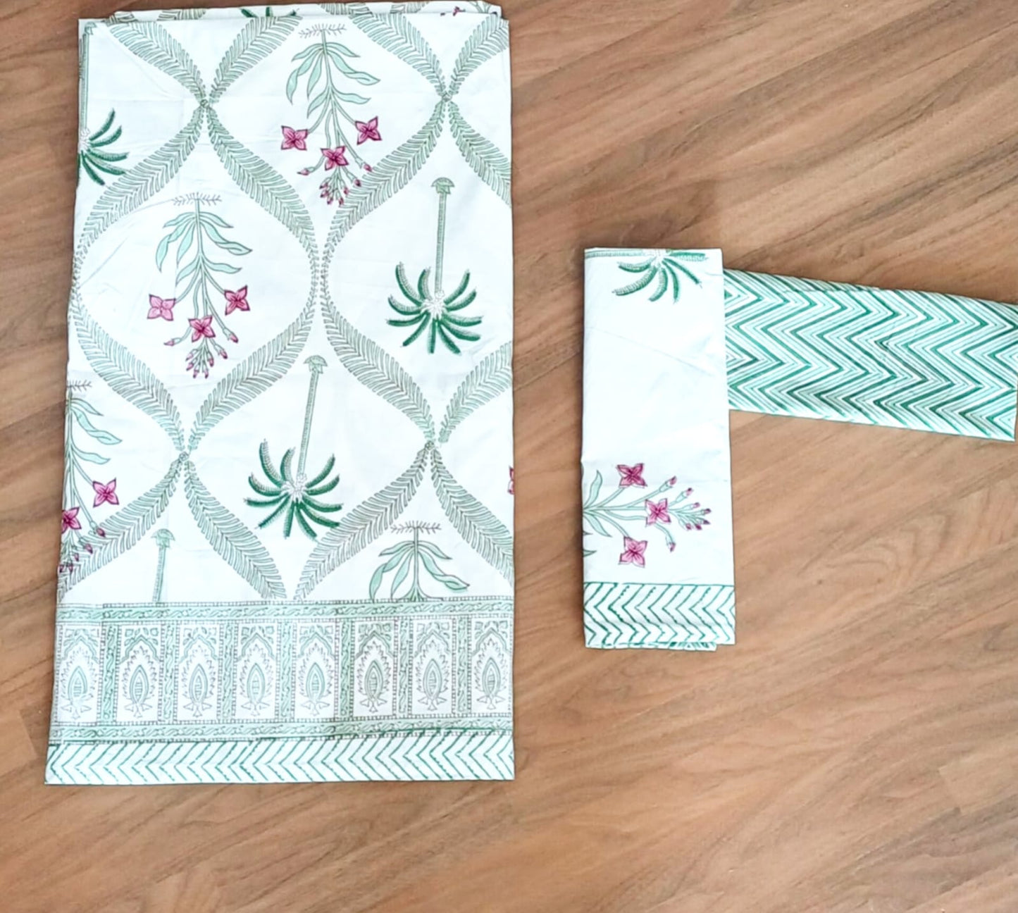 Begum White Coco Block Printed Bedsheet with Two Reversible Pillow Covers