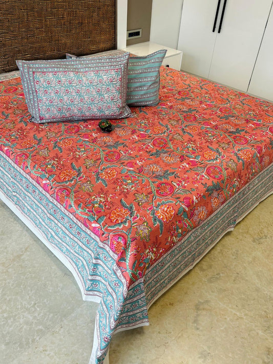 Orange Floral Jaal Traditional Printed Bedsheet with Two Reversible Pillow Covers