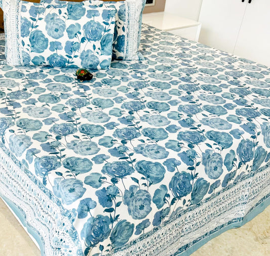 Blue Roses Traditional Printed Bedsheet with Two Reversible Pillow Covers