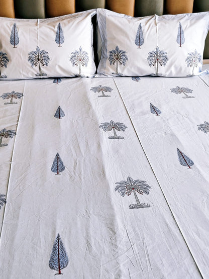 Blue Palm Tree Block Printed Bedsheet with Two Reversible Pillow Covers - Bichhavans