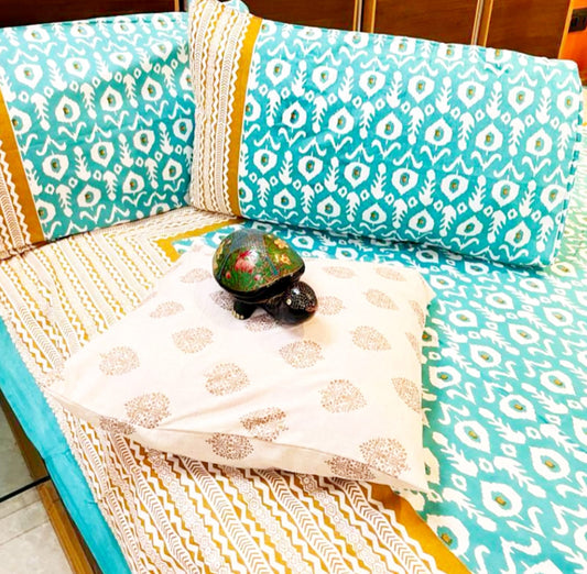 Sea Green Ikkat Traditional Printed Bedsheet with Two Reversible Pillow Covers