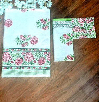 Begum Rose Bunch Block Printed Bedsheet with Two Reversible Pillow Covers