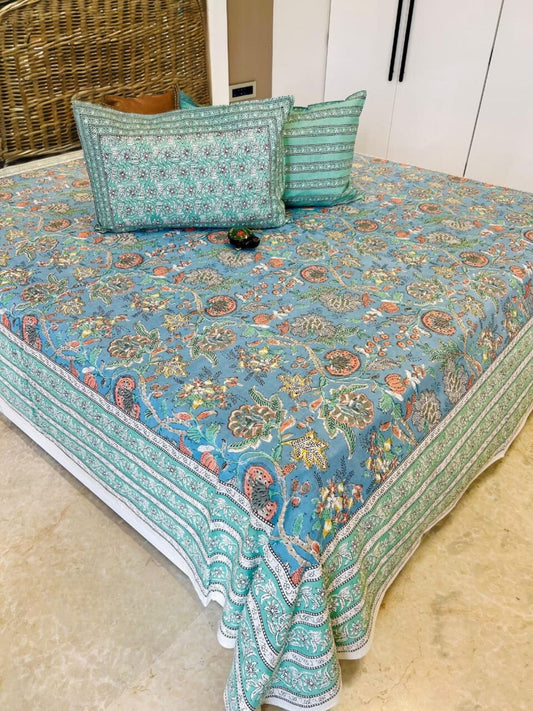 Blue Floral Jaal Traditional Printed Bedsheet with Two Reversible Pillow Covers