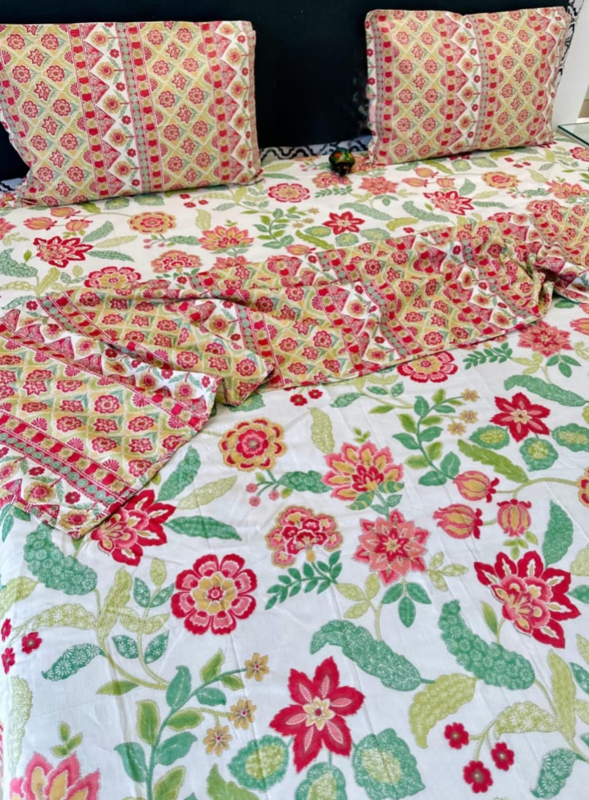 Mughal Floral Traditional Printed Bedsheet with Two Reversible Pillow Covers