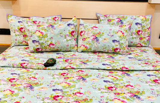 Blue Floral Traditional Printed Bedsheet with Two Reversible Pillow Covers