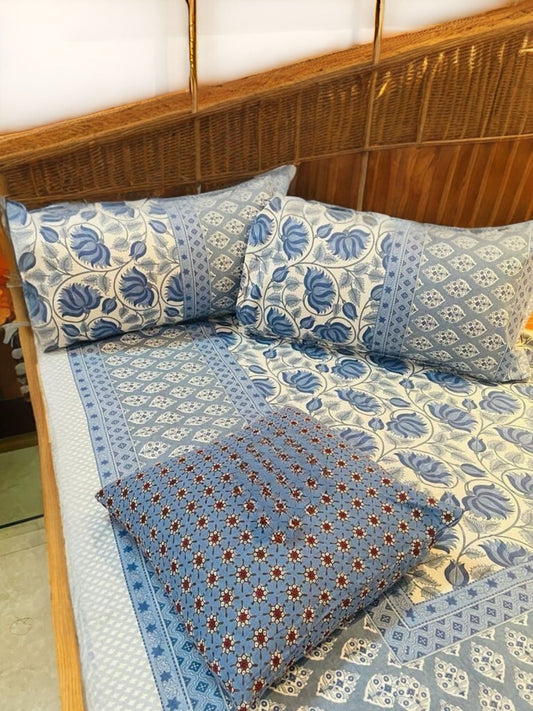 Blue Kamal Traditional Printed Bedsheet with Two Reversible Pillow Covers