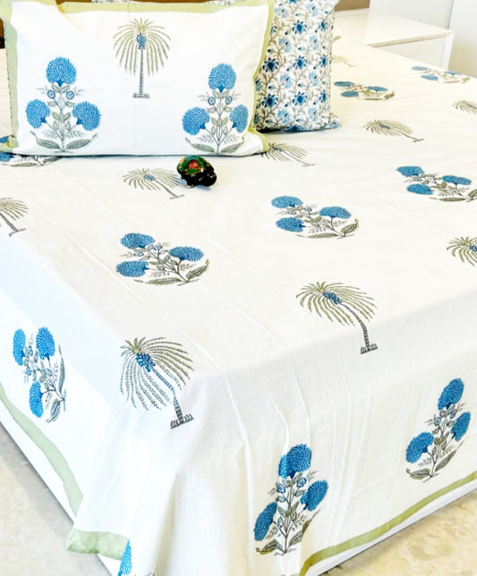 Blue Coco Traditional Printed Bedsheet with Two Reversible Pillow Covers