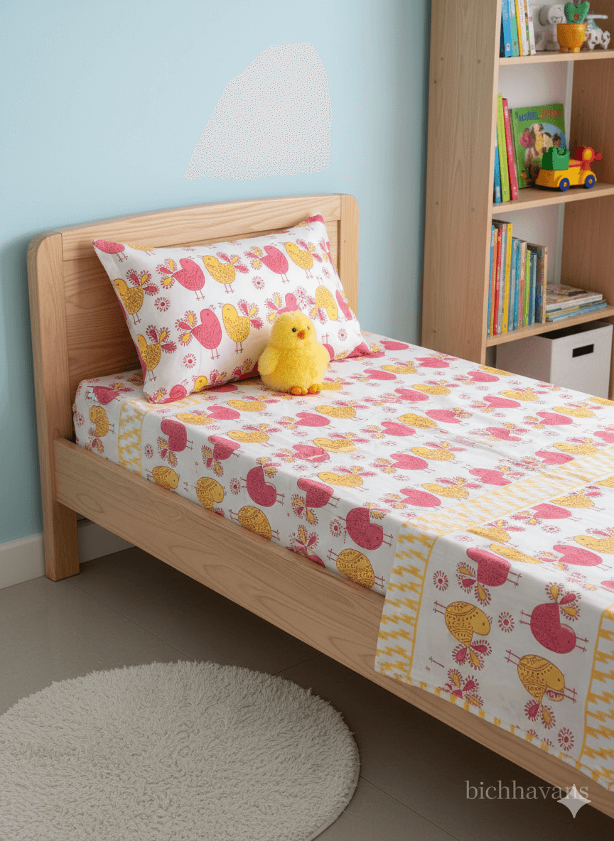 Birds Print Kids Hand Block Bedsheet