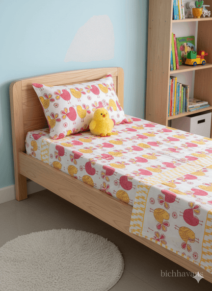 Birds Print Kids Hand Block Bedsheet