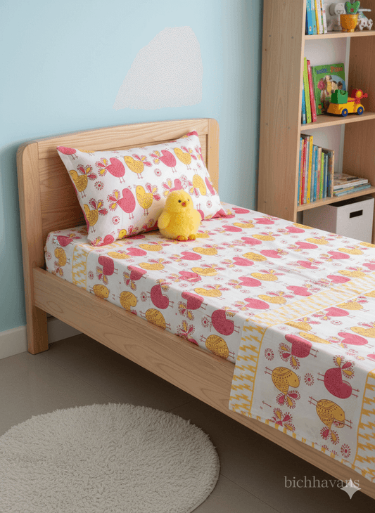 Birds Print Kids Hand Block Bedsheet