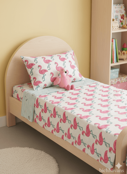 Flamingo Print Kids Hand Block Bedsheet
