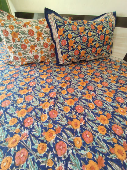 Orange Marie Gold Block Printed Bedsheet with Two Reversible Pillow Covers
