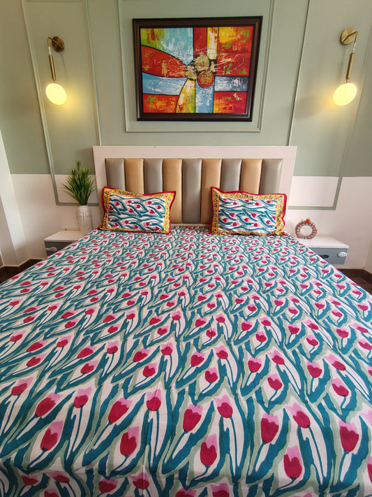 Red Tulip Block Printed Bedsheet with Two Reversible Pillow Covers