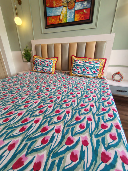 Red Tulip Block Printed Bedsheet with Two Reversible Pillow Covers