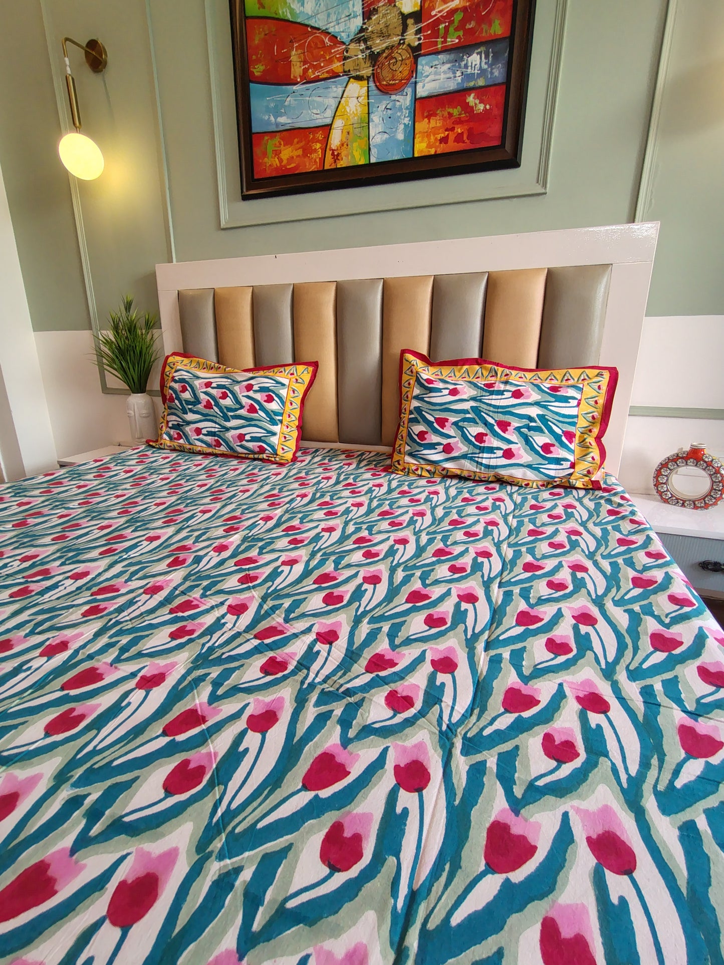 Red Tulip Block Printed Bedsheet with Two Reversible Pillow Covers