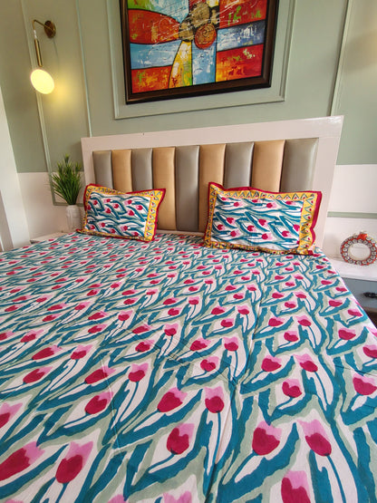 Red Tulip Block Printed Bedsheet with Two Reversible Pillow Covers