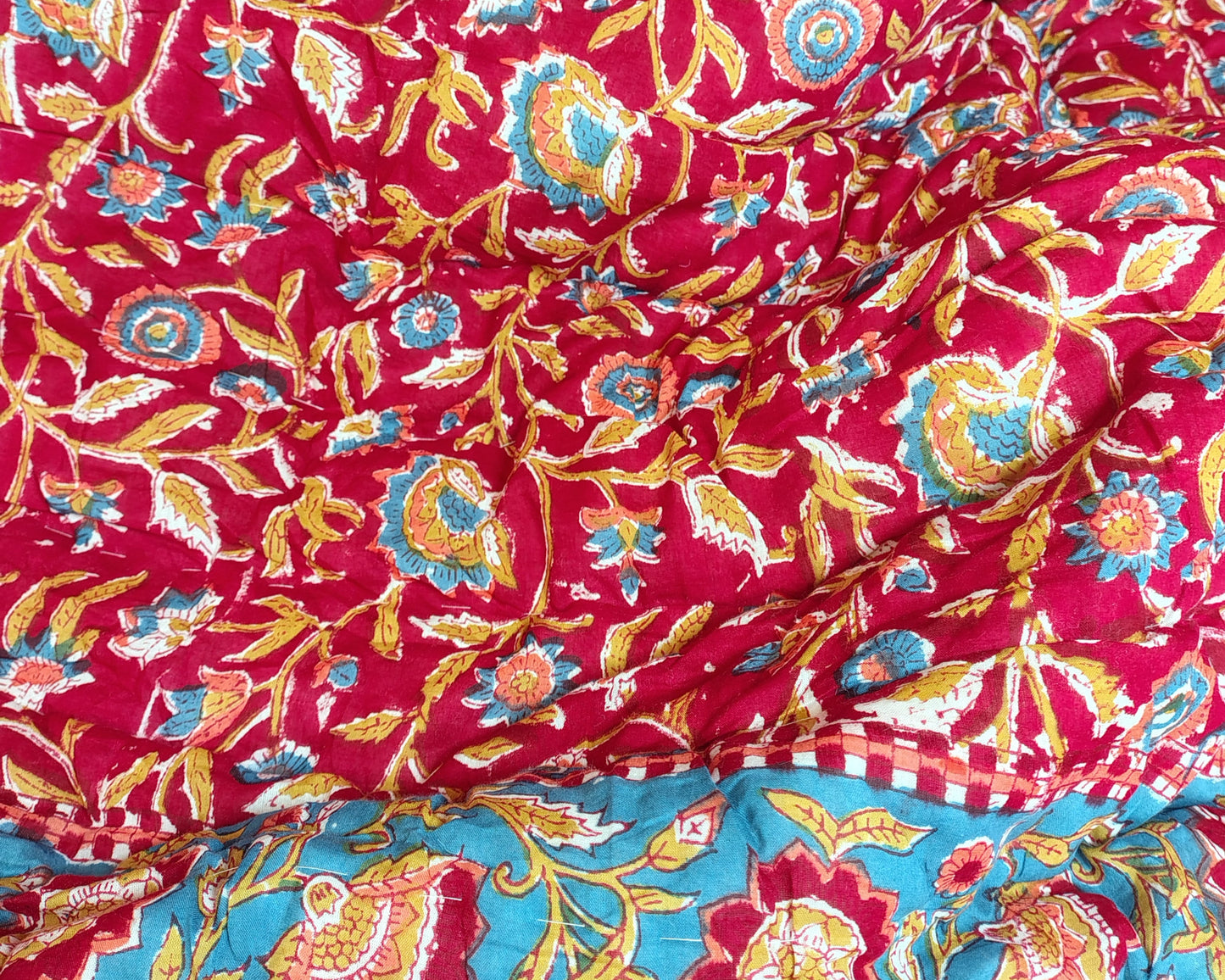 Begum Red Floral Hand Block Reversible Double Bed Quilt