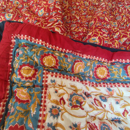 Begum Red Floral Hand Block Reversible Double Bed Quilt