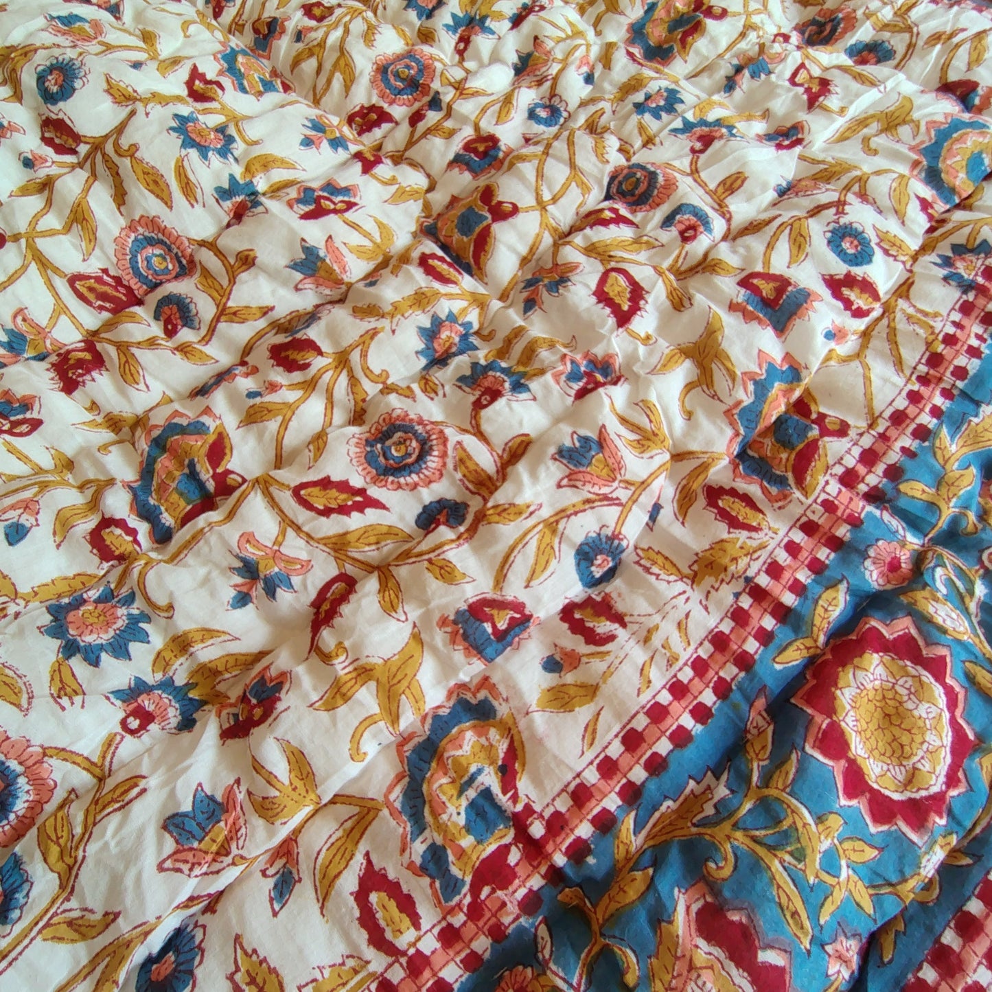 Begum Red Floral Hand Block Reversible Double Bed Quilt